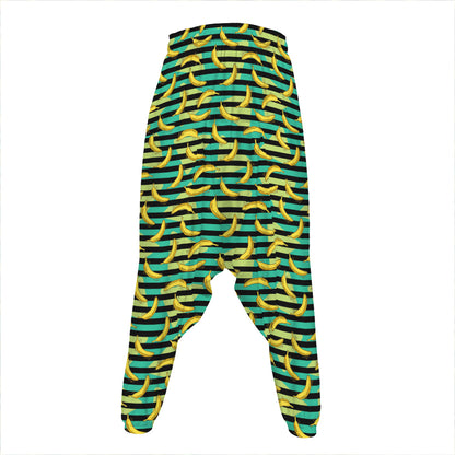 Teal Striped Banana Pattern Print Hammer Pants