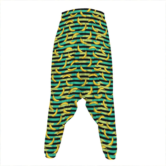 Teal Striped Banana Pattern Print Hammer Pants