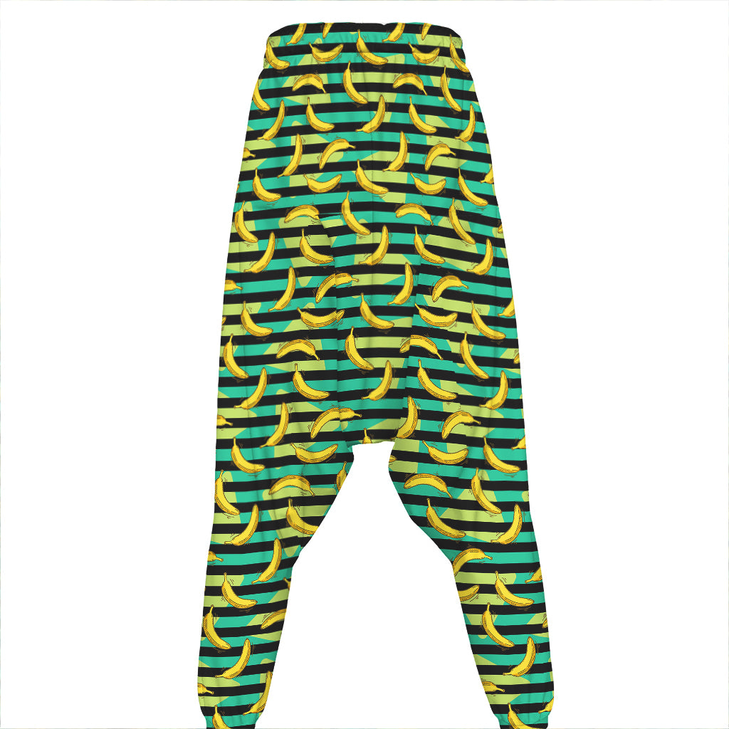 Teal Striped Banana Pattern Print Hammer Pants