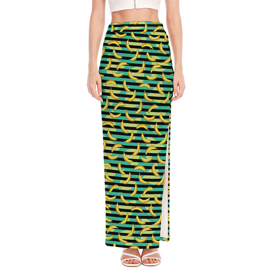 Teal Striped Banana Pattern Print High Slit Maxi Skirt