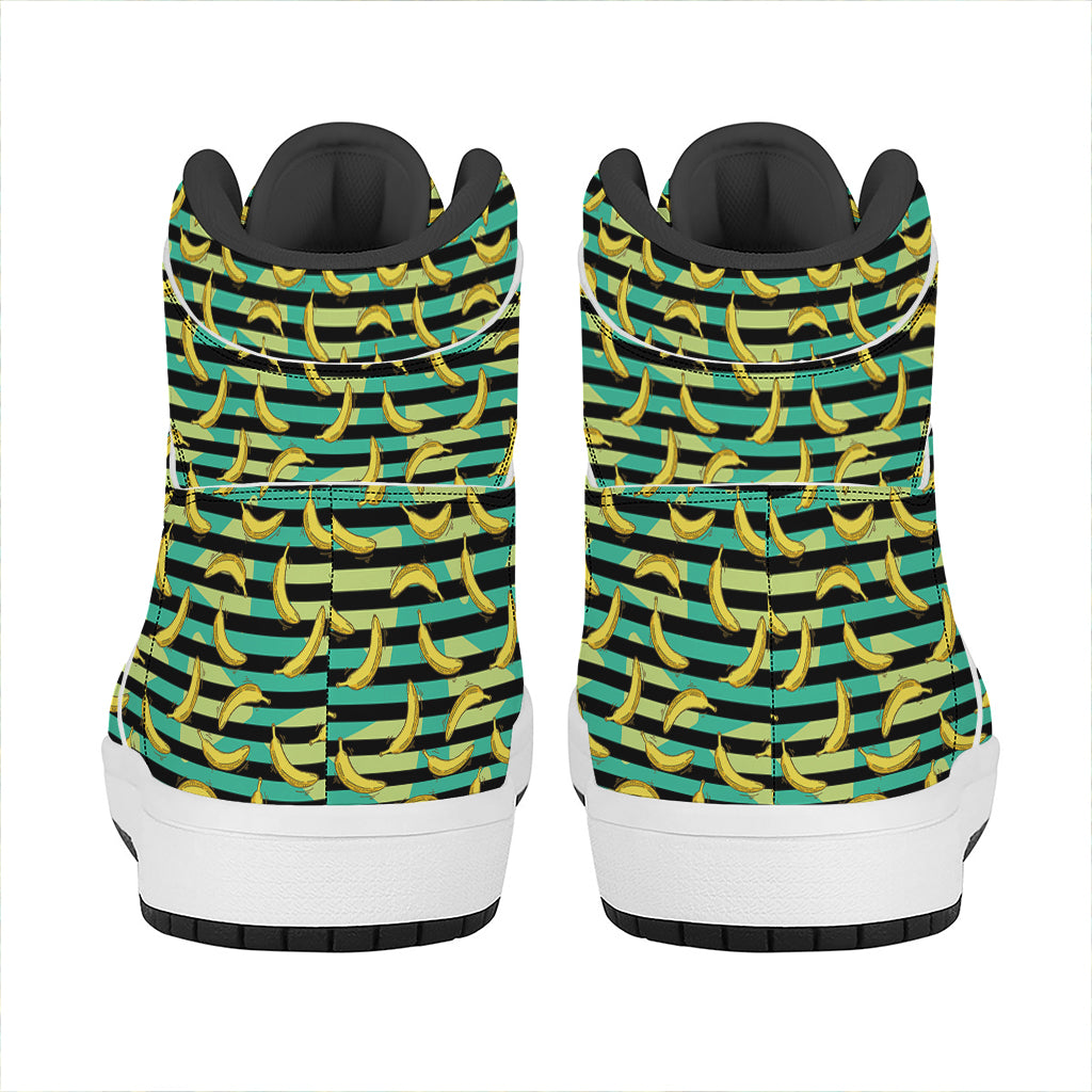 Teal Striped Banana Pattern Print High Top Leather Sneakers