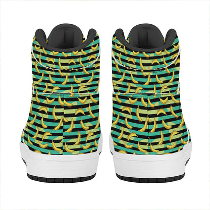 Teal Striped Banana Pattern Print High Top Leather Sneakers