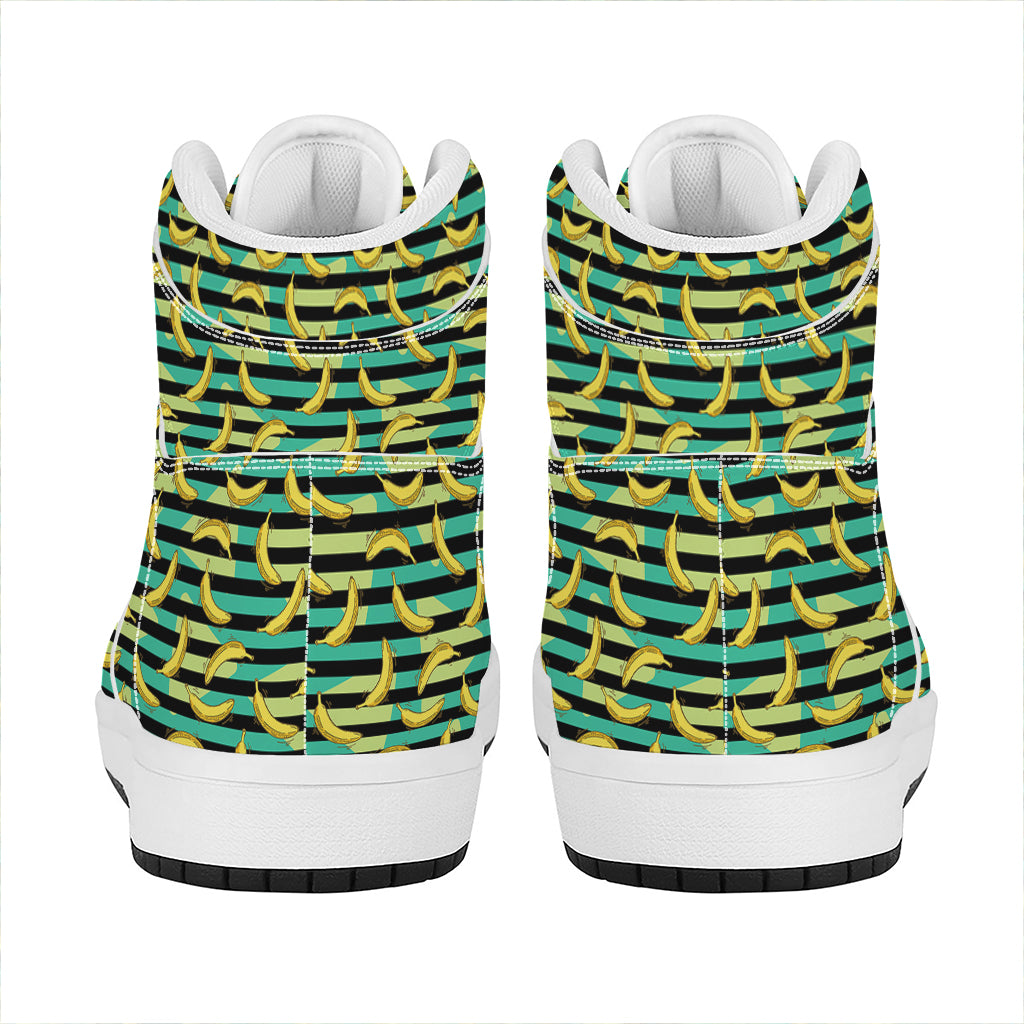 Teal Striped Banana Pattern Print High Top Leather Sneakers