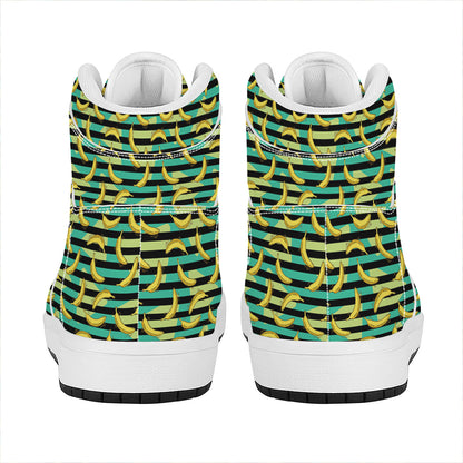 Teal Striped Banana Pattern Print High Top Leather Sneakers