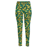 Teal Striped Banana Pattern Print High-Waisted Pocket Leggings