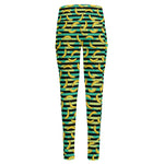 Teal Striped Banana Pattern Print High-Waisted Pocket Leggings