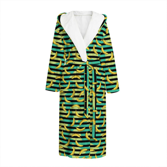 Teal Striped Banana Pattern Print Hooded Bathrobe