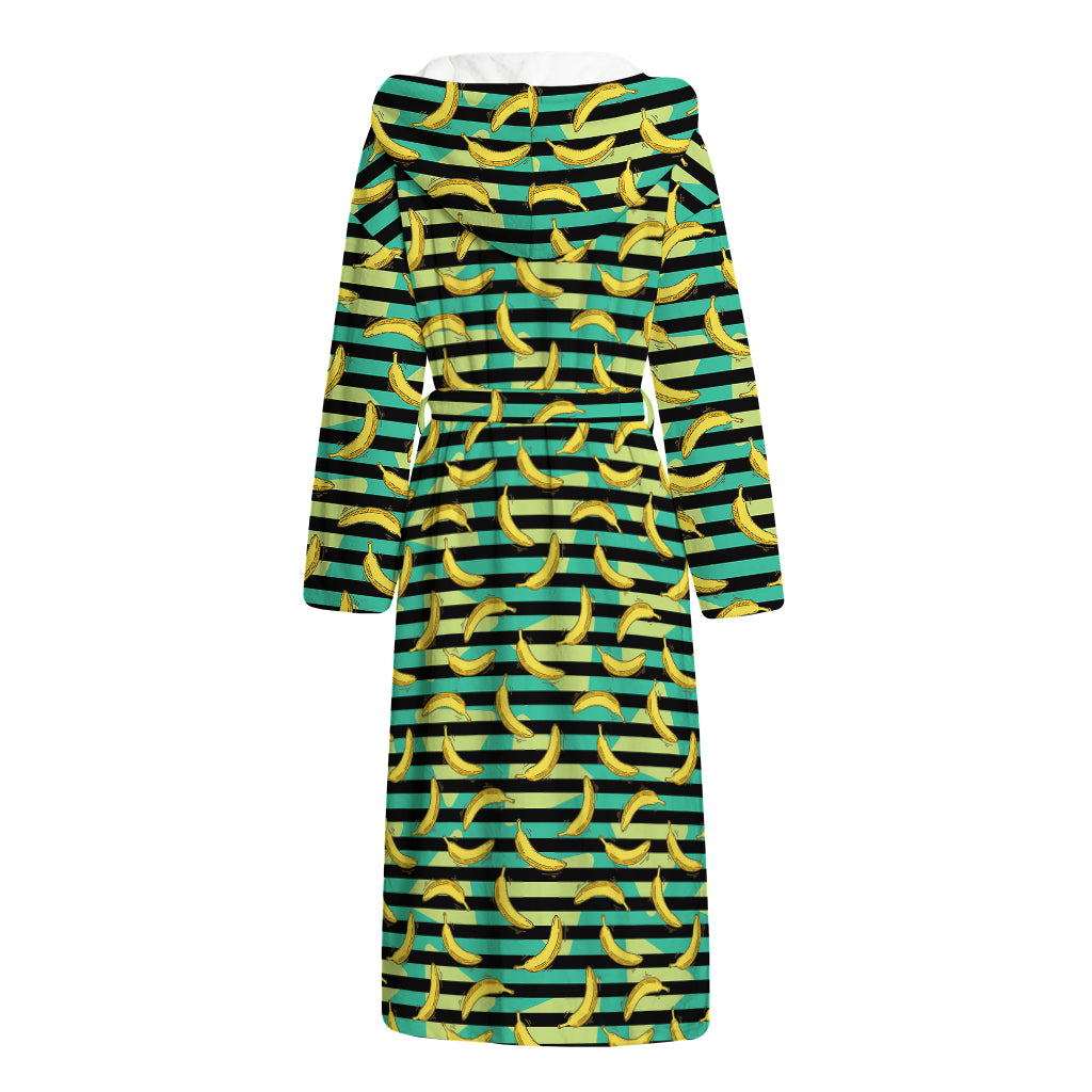 Teal Striped Banana Pattern Print Hooded Bathrobe