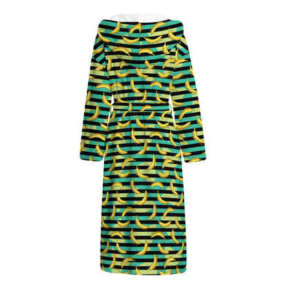 Teal Striped Banana Pattern Print Hooded Bathrobe