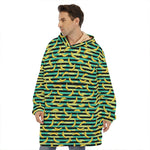 Teal Striped Banana Pattern Print Hoodie Blanket