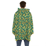 Teal Striped Banana Pattern Print Hoodie Blanket