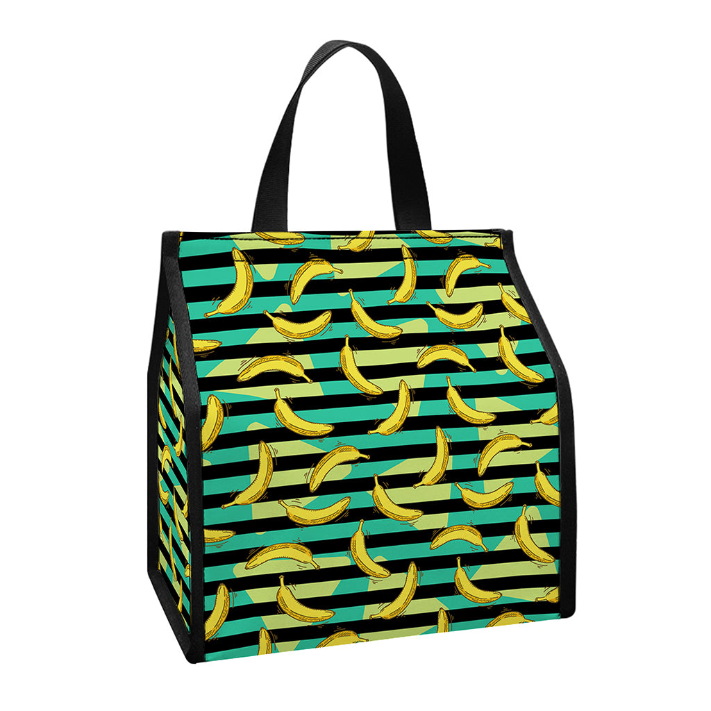 Teal Striped Banana Pattern Print Insulated Lunch Tote