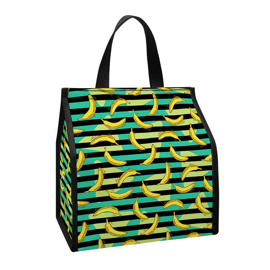 Teal Striped Banana Pattern Print Insulated Lunch Tote