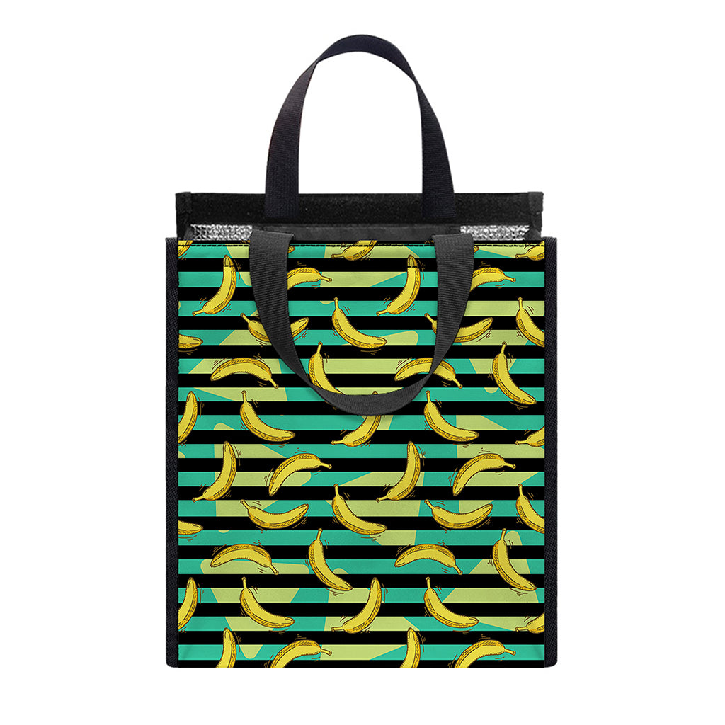 Teal Striped Banana Pattern Print Insulated Lunch Tote