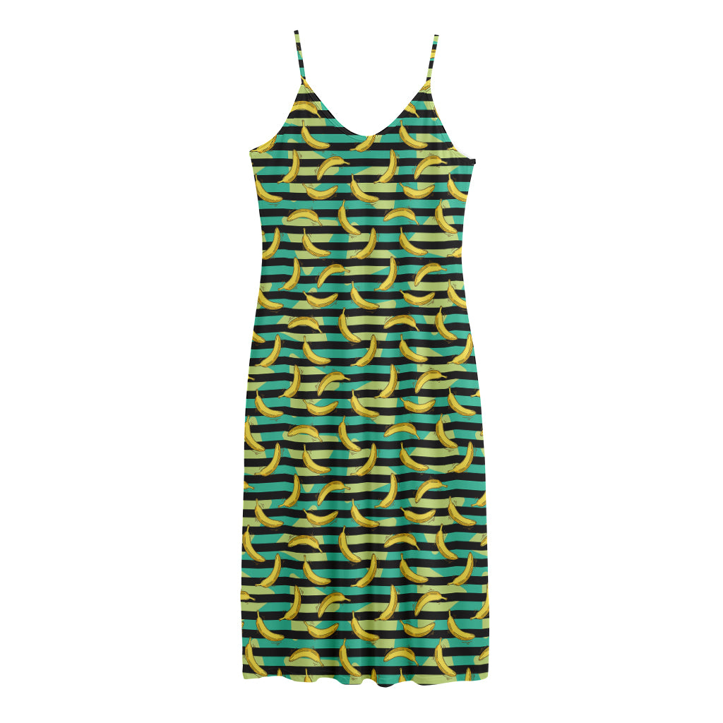 Teal Striped Banana Pattern Print Jersey Midi Cami Dress