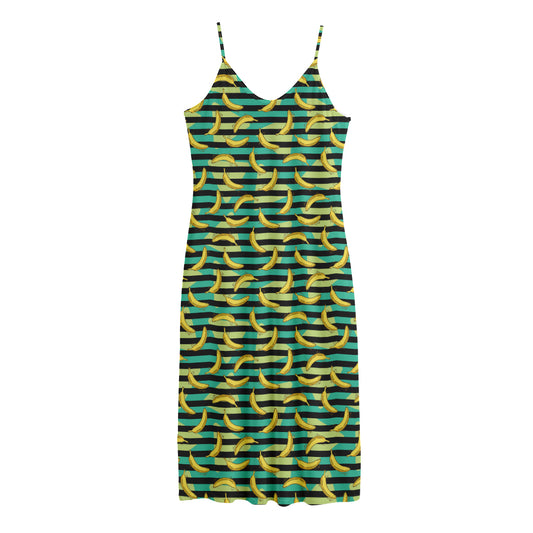 Teal Striped Banana Pattern Print Jersey Midi Cami Dress