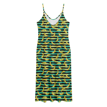 Teal Striped Banana Pattern Print Jersey Midi Cami Dress