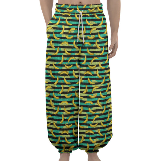 Teal Striped Banana Pattern Print Lantern Pants