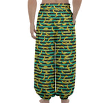 Teal Striped Banana Pattern Print Lantern Pants