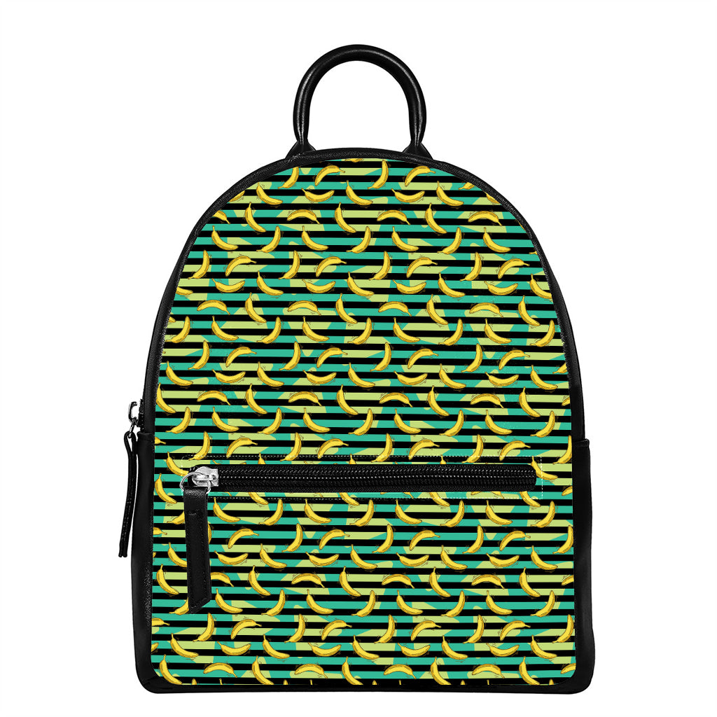 Teal Striped Banana Pattern Print Leather Backpack