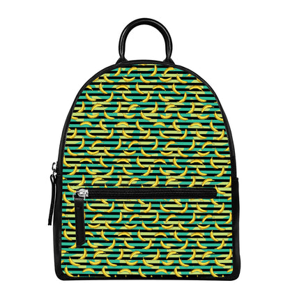 Teal Striped Banana Pattern Print Leather Backpack