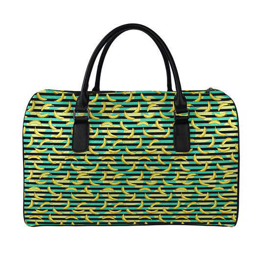 Teal Striped Banana Pattern Print Leather Duffle Bag