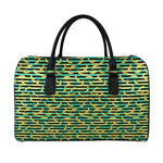 Teal Striped Banana Pattern Print Leather Duffle Bag