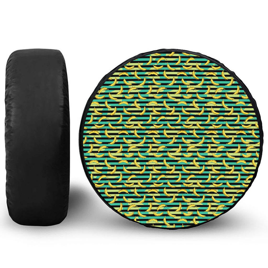 Teal Striped Banana Pattern Print Leather Spare Tire Cover