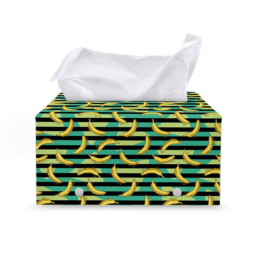 Teal Striped Banana Pattern Print Leather Tissue Box Cover