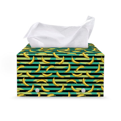 Teal Striped Banana Pattern Print Leather Tissue Box Cover