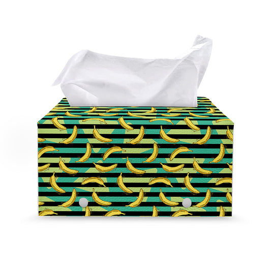 Teal Striped Banana Pattern Print Leather Tissue Box Cover