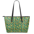 Teal Striped Banana Pattern Print Leather Tote Bag With Zipper