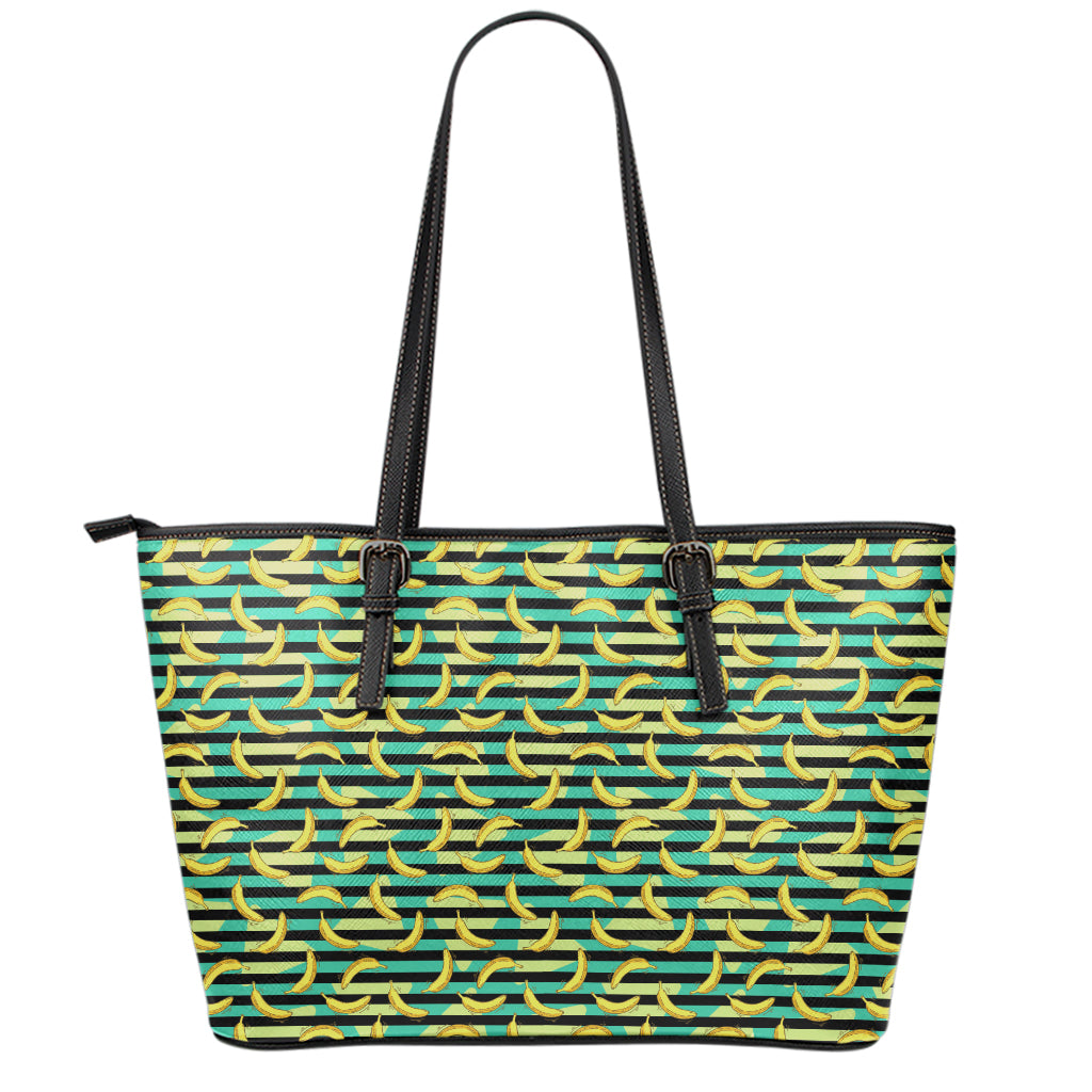 Teal Striped Banana Pattern Print Leather Tote Bag
