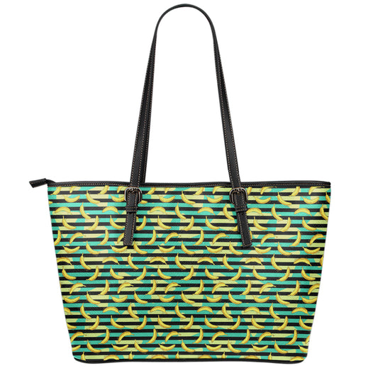 Teal Striped Banana Pattern Print Leather Tote Bag