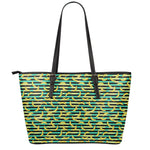 Teal Striped Banana Pattern Print Leather Tote Bag