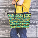 Teal Striped Banana Pattern Print Leather Tote Bag