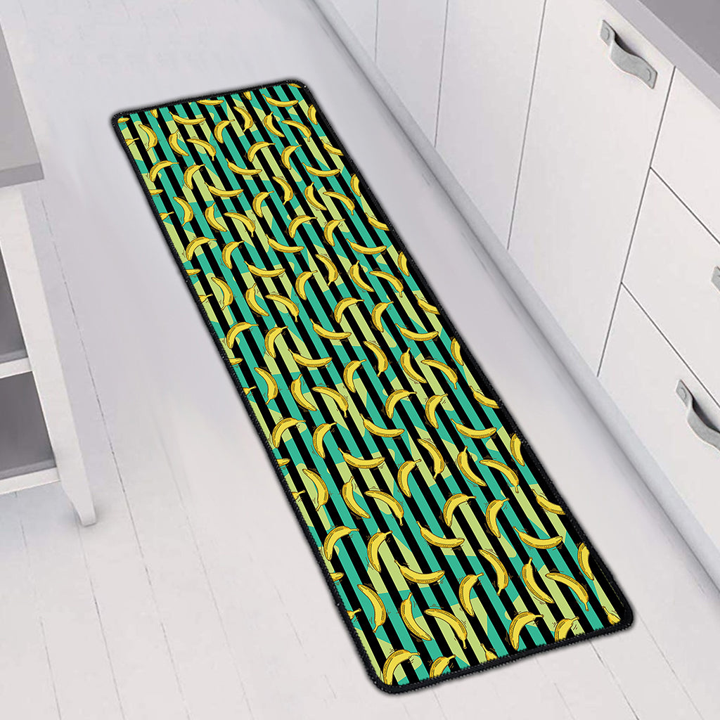 Teal Striped Banana Pattern Print Long Kitchen Mat