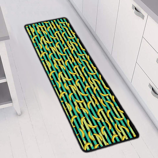 Teal Striped Banana Pattern Print Long Kitchen Mat