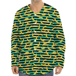 Teal Striped Banana Pattern Print Long Sleeve Baseball Jersey