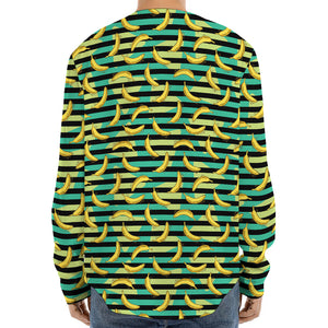 Teal Striped Banana Pattern Print Long Sleeve Baseball Jersey