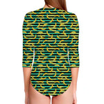Teal Striped Banana Pattern Print Long Sleeve Swimsuit