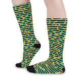 Teal Striped Banana Pattern Print Long Socks