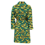 Teal Striped Banana Pattern Print Men's Bathrobe