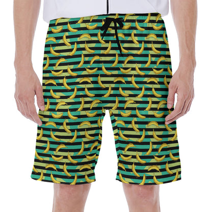 Teal Striped Banana Pattern Print Men's Beach Shorts