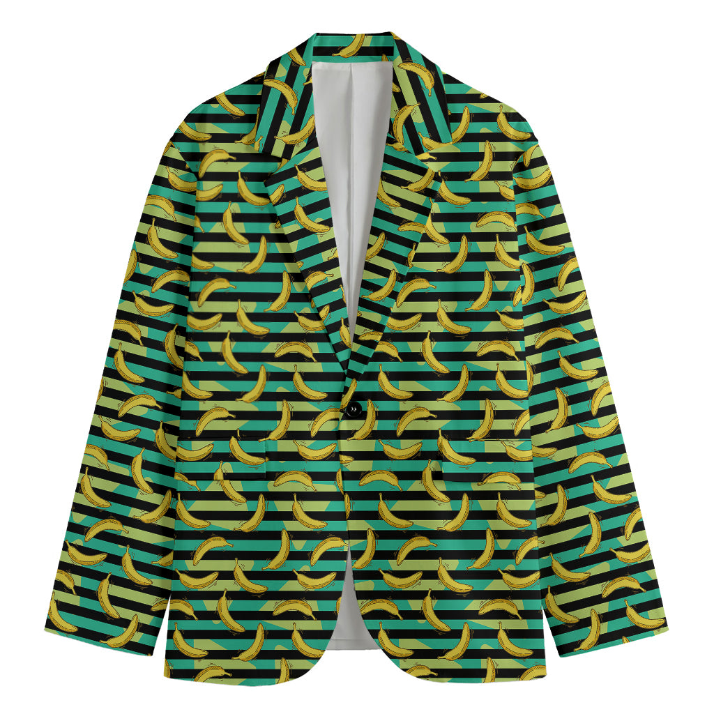 Teal Striped Banana Pattern Print Men's Blazer