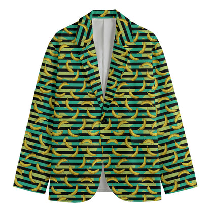 Teal Striped Banana Pattern Print Men's Blazer