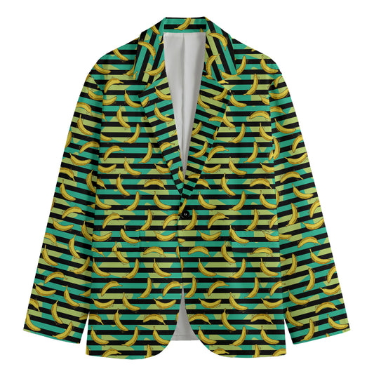 Teal Striped Banana Pattern Print Men's Blazer