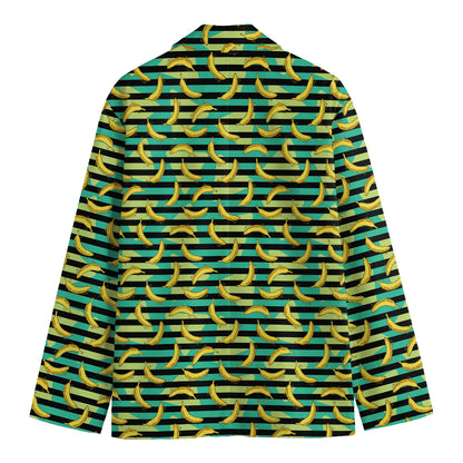 Teal Striped Banana Pattern Print Men's Blazer