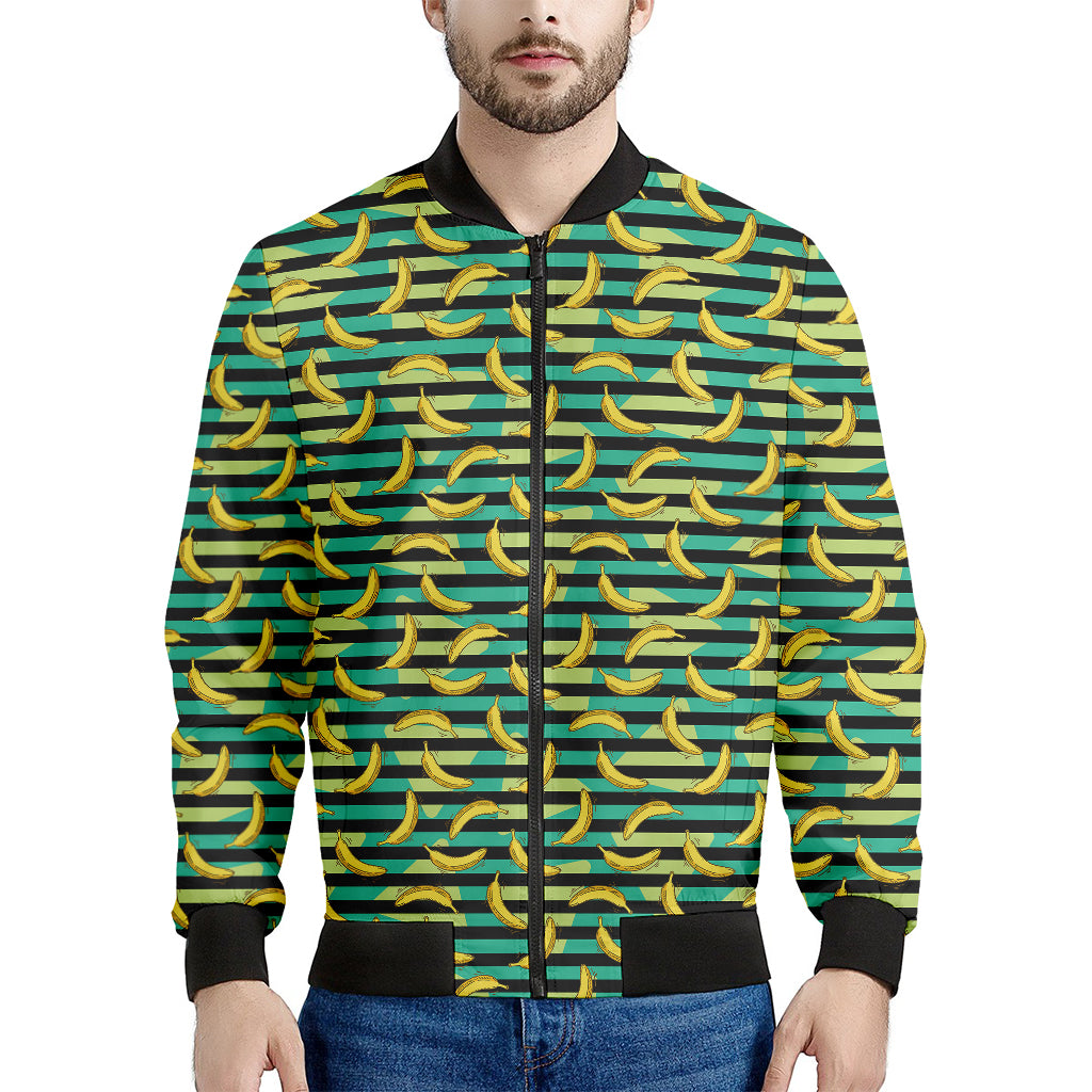 Teal Striped Banana Pattern Print Men's Bomber Jacket