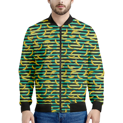 Teal Striped Banana Pattern Print Men's Bomber Jacket